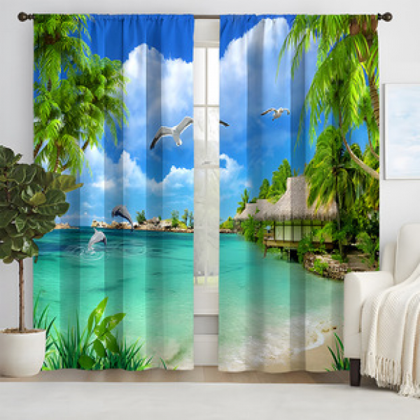 2pcs new beach pattern curtains cross-border manufacturer supplies 3D digital printed high-precision curtains for living rooms and bedrooms