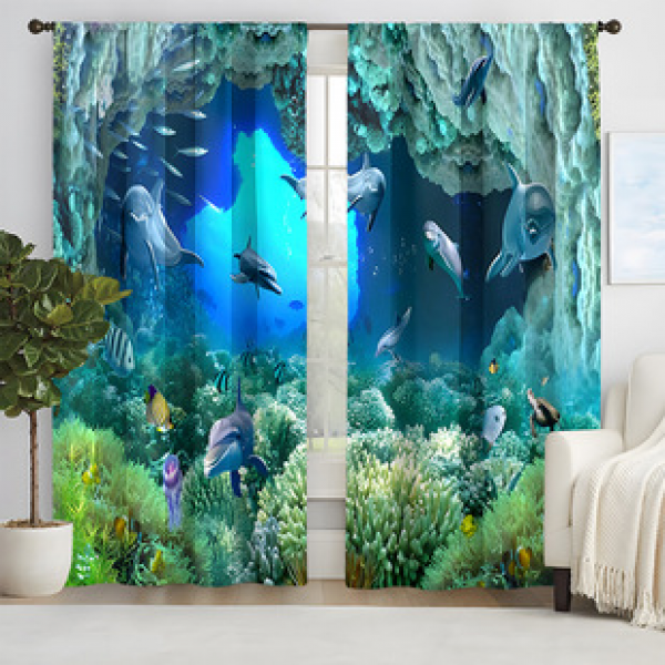 2pcs New Shark Pattern Curtains Cross border Manufacturer Supply 3D Digital Printed High Precision Curtains for Living Room and Bedroom
