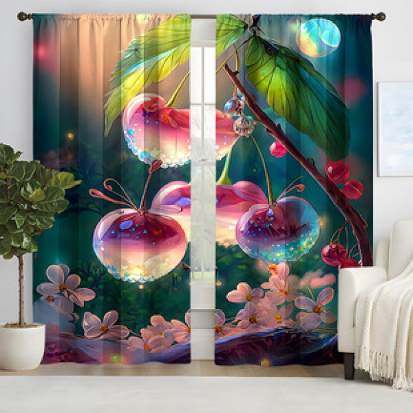 2pcs New Crystal Cherry Pattern Curtains Cross border Manufacturer Supply Living Room Bedroom 3D Digital Printing High Precision