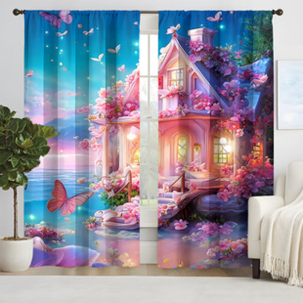 2pcs New Fairy Tale House Pattern Curtains Cross border Manufacturer Supply Living Room Bedroom 3D Digital Printing High Precision