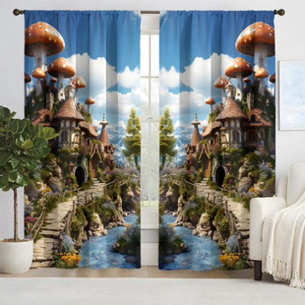 2pcs New Mushroom House Pattern Curtains Cross border Manufacturer Supply Living Room Bedroom 3D Digital Printing High Precision