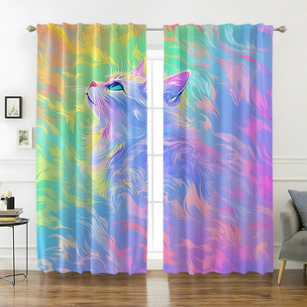 2pcs New Cute Rainbow Cat Pattern Curtains Cross border Manufacturer Supply Living Room Bedroom 3D Digital Printing High Precision