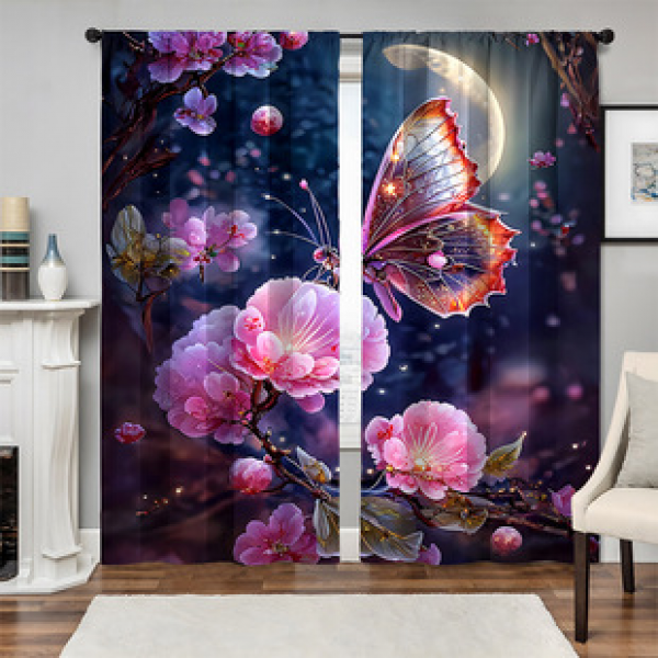 2pcs New Pink Butterfly Pattern Curtain Cross border Manufacturer Supply 3D Digital Printed Curtain for Living Room and Bedroom