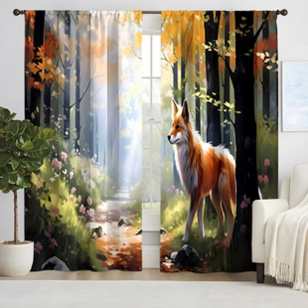 2pcs New Forest Fox Pattern Curtain Cross border Manufacturer Supply Living Room Bedroom 3D Digital Printing High Precision