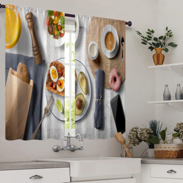 2pcs Kitchen Food Patterns Cross border Hot Selling Factory Direct Supply 3D Digital Printing Kitchen Waterproof Small Curtains Short Curtains