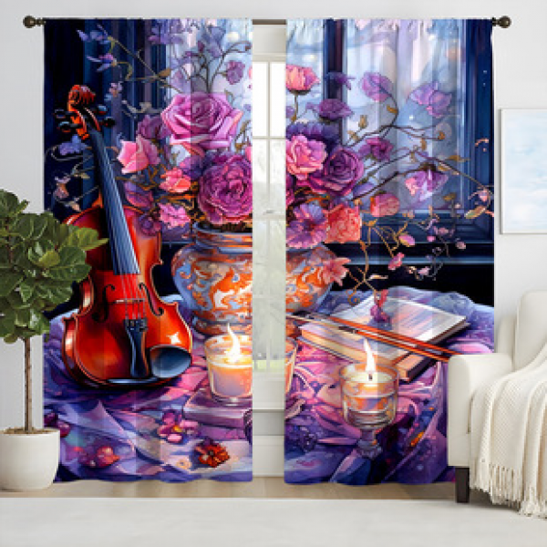 2pcs new art violin pattern curtains cross-border manufacturer supply living room bedroom 3D digital printing