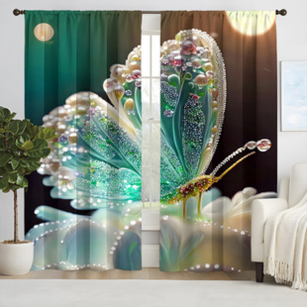 2pcs New Green Butterfly Pattern Curtains Cross border Manufacturer Supply Living Room Bedroom 3D Digital Printing