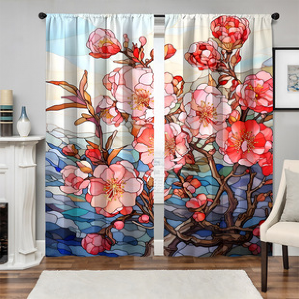2pcs New Plum Blossom Pattern Curtains Cross border Manufacturer Supply 3D Digital Printing for Living Room and Bedroom