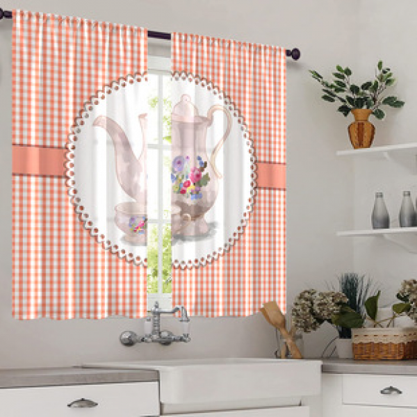 2pcs Kitchen Short Curtain Light Luxury Teapot Tea Cup Pattern Cross border Hot Selling Factory Direct Supply 3D Digital Printing Waterproof and Waterproof