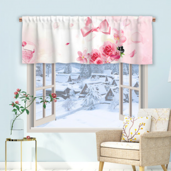 1pc Modern Simple Love Rose Kitchen Curtain Half Curtain Cross border Christmas Small Window Decoration Polyester Cotton New Style