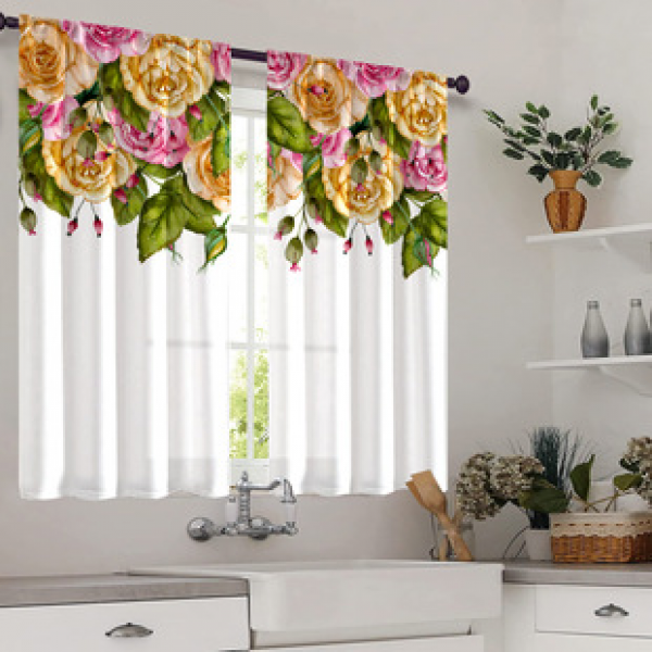 2pcs Kitchen Short Curtain Colorful Flower Pattern Cross border Hot Sale Factory Direct Supply 3D Digital Printing Waterproof and Oil proof