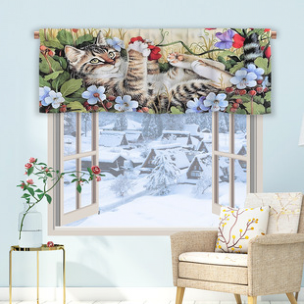 1pc Modern Simple Cartoon Kitten Kitchen Curtain Half Curtain Cross border Christmas Small Window Decoration Polyester Cotton New Style