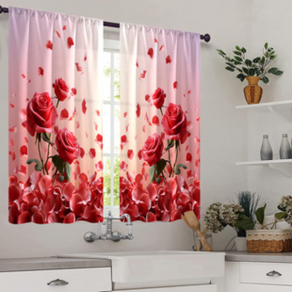 2pcs Kitchen Short Curtain Love Rose Pattern Cross border Hot Sale Factory Direct Supply 3D Digital Printing Waterproof and Oil proof