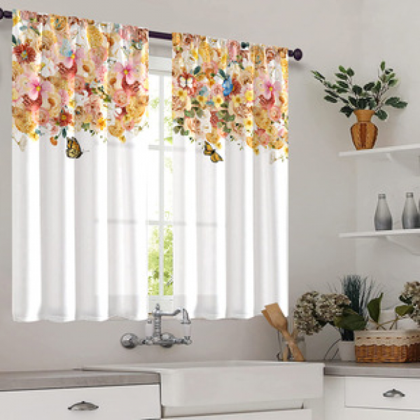 2pcs kitchen short curtain flower pattern cross-border hot selling factory direct supply 3D digital printing waterproof and oil resistant