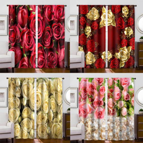 2pcs New Rose Pattern Curtains Cross border Manufacturer Supply 3D Digital Printing for Living Room and Bedroom