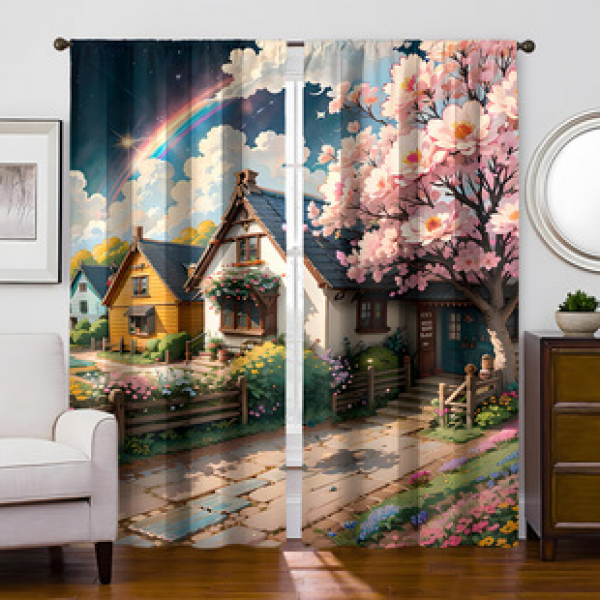 2pcs Rainbow Town Pattern Manufacturer Supply Cross border Amazon 3D Digital Printed Fabric Curtains and Window Screens