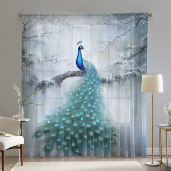 1pc new blue and white peacock window screen 3D digital printing bedroom living room decoration manufacturer direct sales through pole window screen
