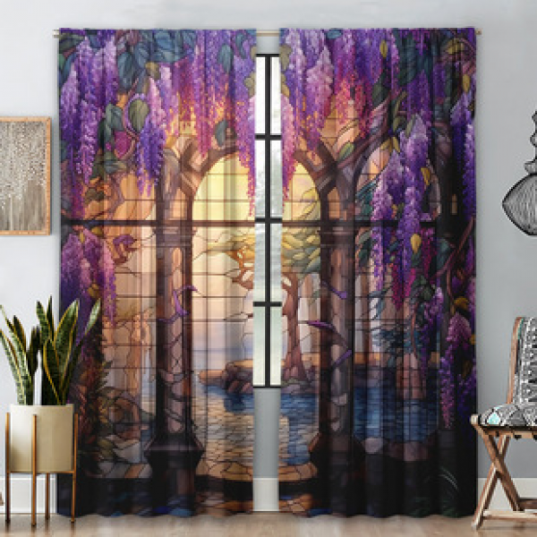2PCS new purple wisteria curtain factory distributes 3D digital printed curtain products for cross-border Amazon hot sale