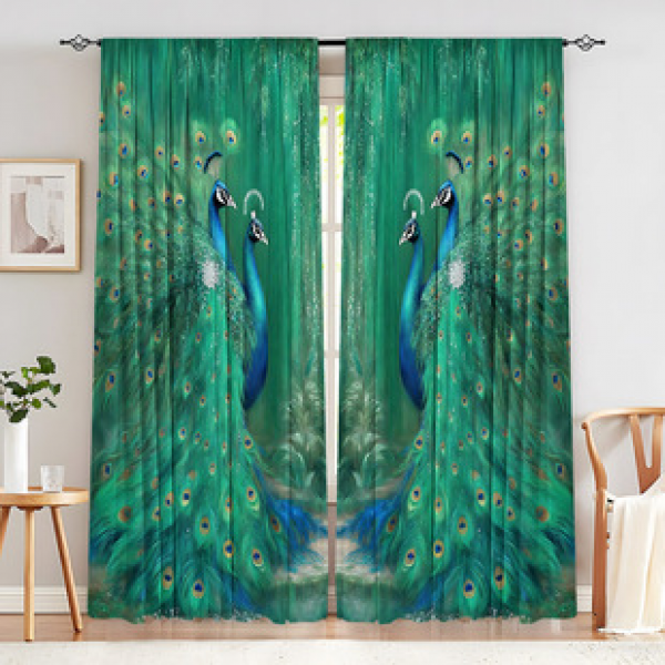 2PCS Green Peacock Curtain Factory Delivers 3D Digital Printing Cross border Amazon Curtain Hot Selling Pattern