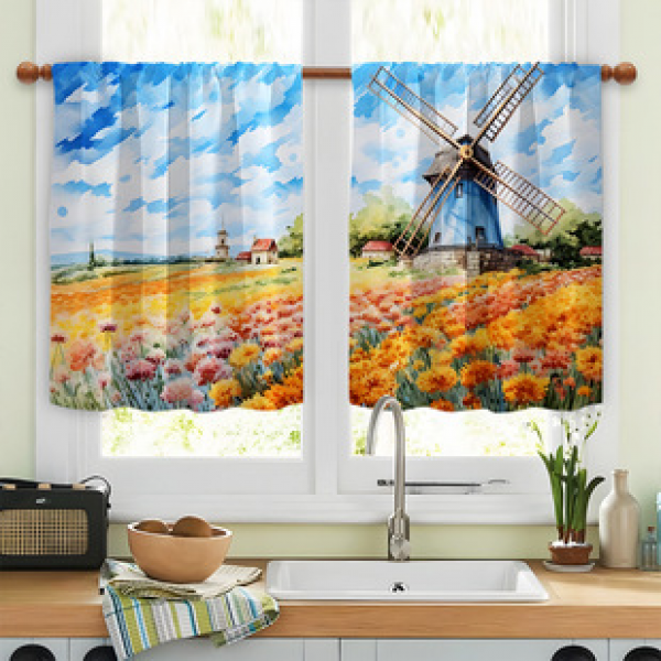 2pcs Kitchen Short Curtain Cross border Hot Sale Factory Direct Supply 3D Digital Printing Waterproof and Oil proof