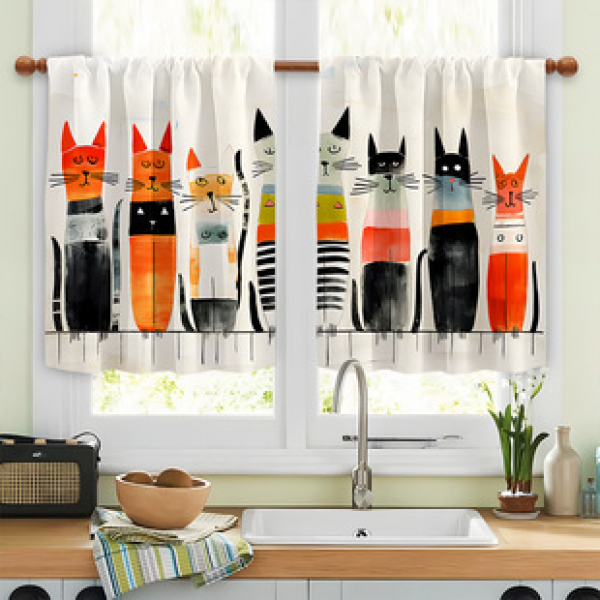 2pcs Kitchen Short Curtain Cat Pattern Cross border Hot Sale Factory Direct Supply 3D Digital Printing Waterproof and Oil proof