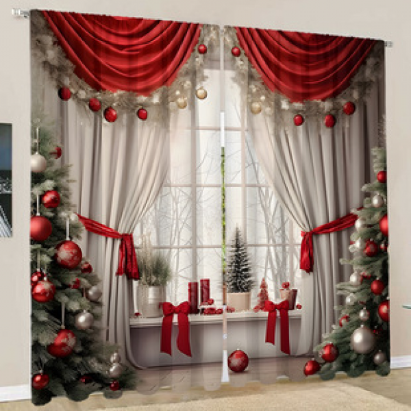 2PCS European style curtains, window curtains, Christmas series curtains, factory outsourcing, 3D digital printing, cross-border Amazon curtains