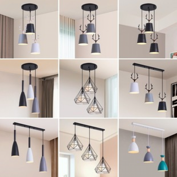 Nordic restaurant three headed dining pendant light, atmospheric deer horn wrought iron lighting, simple and creative pendant light, personalized home dining table light