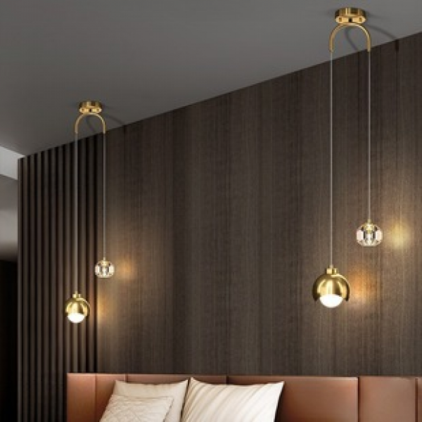 New bedroom bedside pendant light crystal light luxury modern master bedroom small pendant light TV background wall bedside table hanging line light