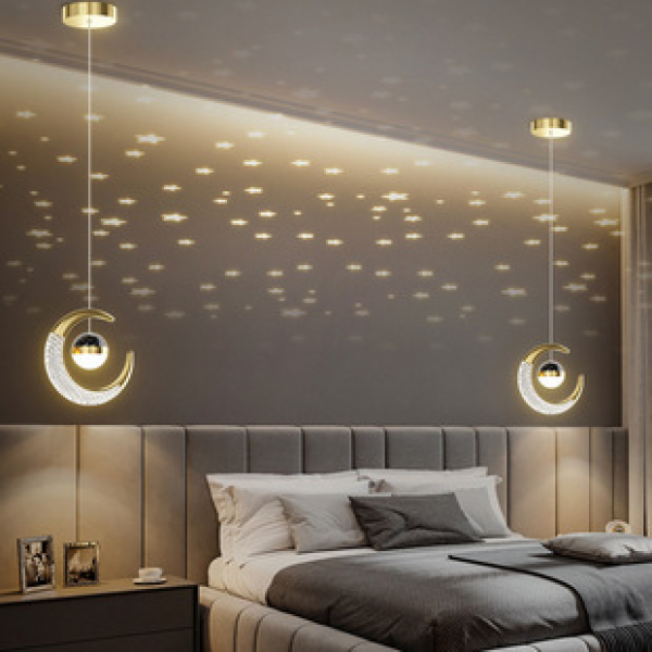 Children's room bedside pendant light, creative for boys and girls, moon and starry sky ceiling light, luxurious hallway balcony bar desk lamp