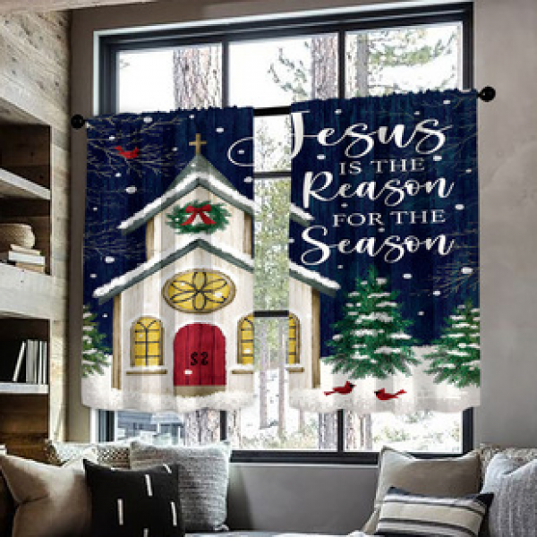 2pcs Kitchen Short Curtain Christmas Pattern Cross border Hot Sale Factory Direct Supply 3D Digital Printing Waterproof and Oil proof