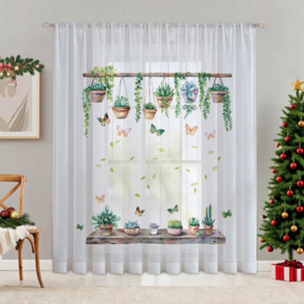 1pc New Colorful Flower and Plant Window Screen 3D Digital Printing Bedroom and Living Room Decoration Manufacturer Direct Sales Through Rod Window