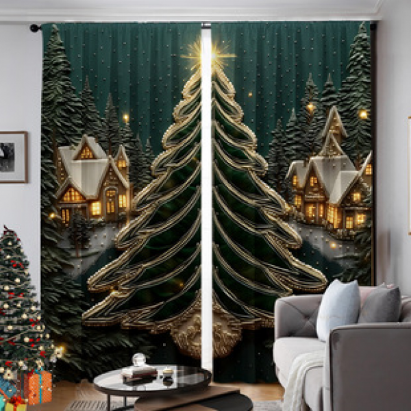 Cross border hot selling manufacturer direct sales digital printing Amazon hot selling Christmas element curtains