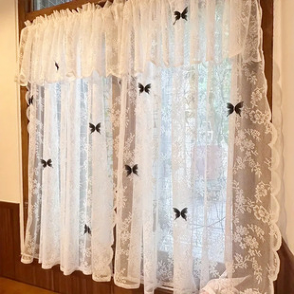Cross border white curtain silk screen door double row flower short curtain European style showcase Nordic partition finished product