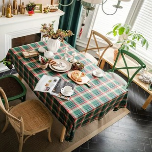 2025 Green Grid Tablecloth Waterproof, Oil proof, Non washable Fabric Cotton and Hemp Nordic Simple Tea Table Rectangular Tablecloth Meal