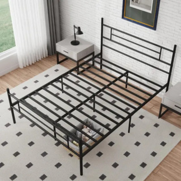 Nordic Modern Minimalist Light Luxury Off Ground High Foot Iron Bed Frame Double Bed Thickened Silent Bed Board Small House Iron Art Bed