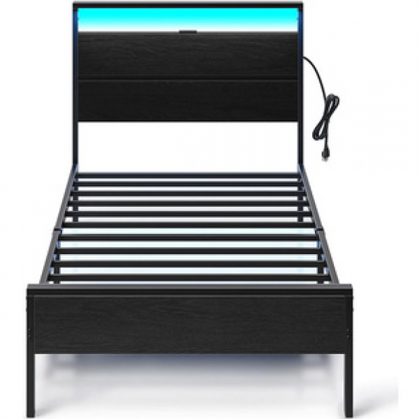 Cross border popular bed frame with charging station, single bed with LED light, headboard, single and double iron frame bed manufacturer direct sales
