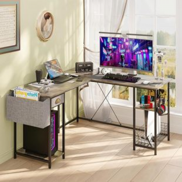 Cross border household double computer desk, large capacity corner storage rack, office iron wood desk with drawers, office desk