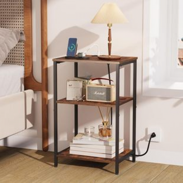 Living room, bedroom, sofa, coffee table, bedside table with row plug, USB port, edge several layers of iron wood combined storage rack