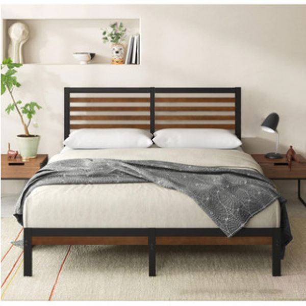 Cross border popular retro iron wood bed frame full-size bedroom single double iron bed high storage space manufacturer direct sales trend