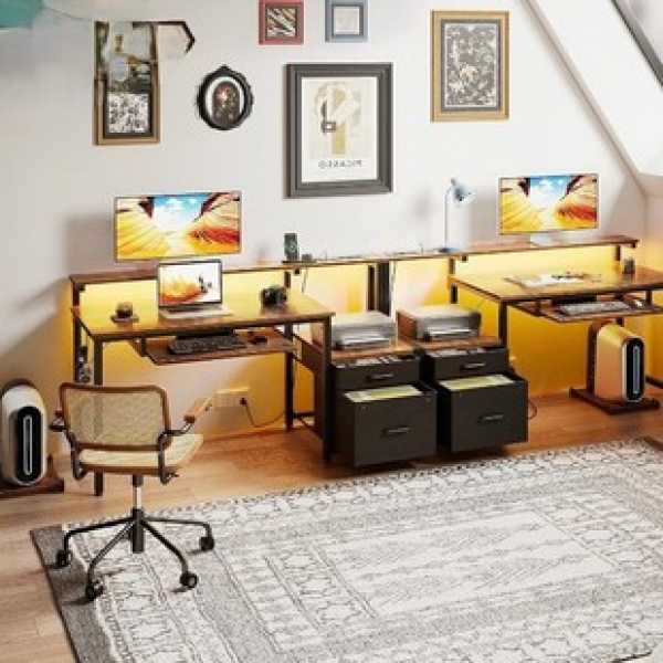 Cross border multi-layer computer desk with double drawers, high-low design, office desk with power socket, home office, writing computer desk