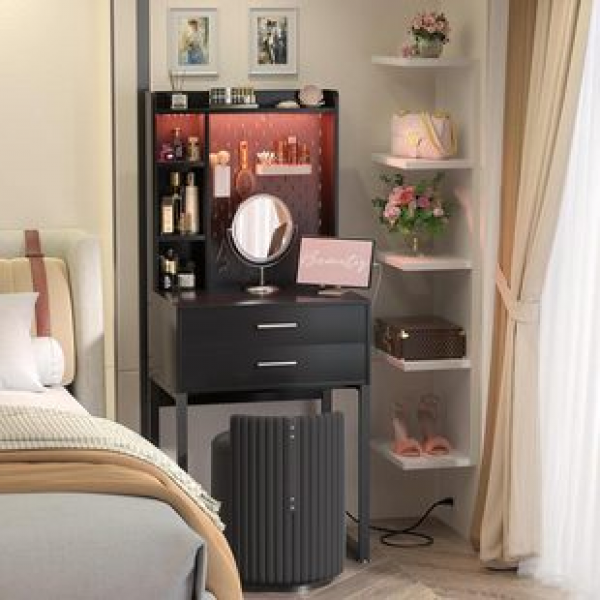 Modern minimalist small apartment with lights, dressing table, bedside table, corner storage cabinet, bucket cabinet, perforated board, integrated makeup table