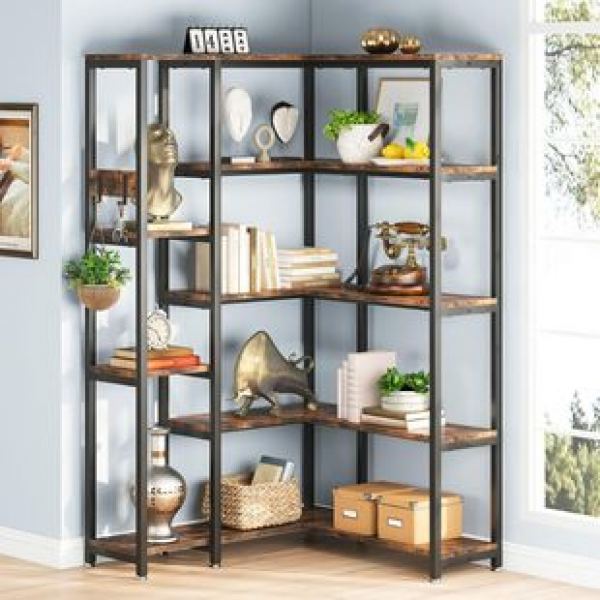 Cross border 5-storey corner bookshelf display storage rack with a combination of iron and wood frame, suitable for living rooms, homes, and offices