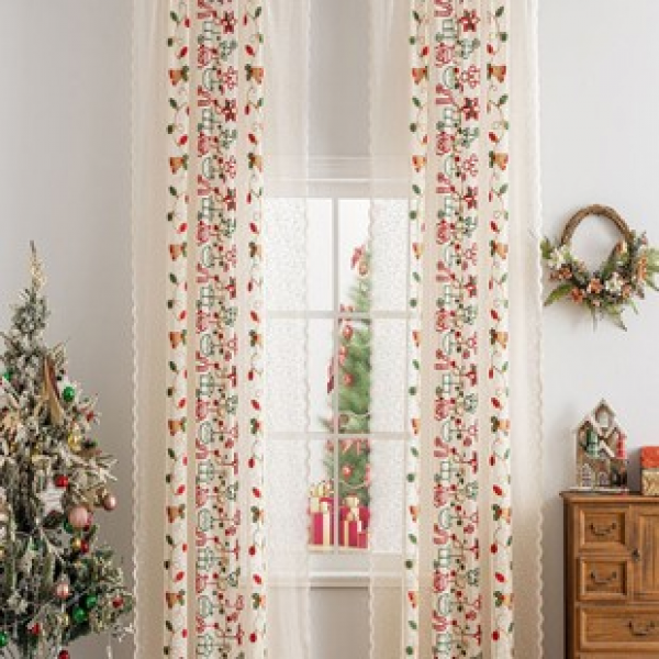 1PC New Embroidered Christmas Bell Curtains, Living Room Bedroom Decoration Curtains, Personalized Decoration, Rod Window Screen Curtains