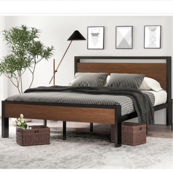 Manufacturer direct sales modern simple metal frame bed frame wooden headboard double bed iron wood bed combination bed cross-border