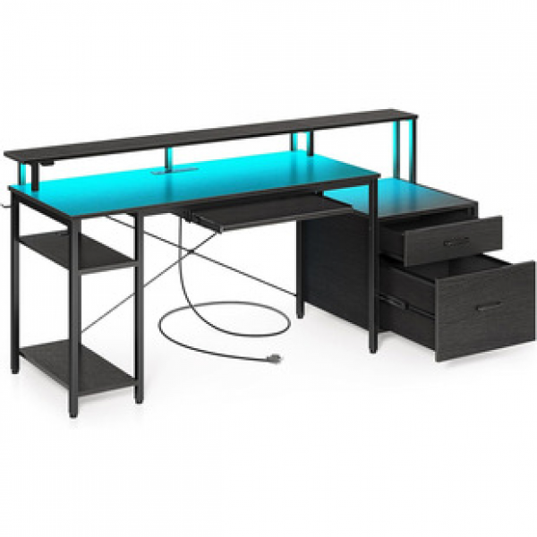 Home office gaming desk with power socket and USB port, small L-shaped computer desk with LED strip and headphone hook
