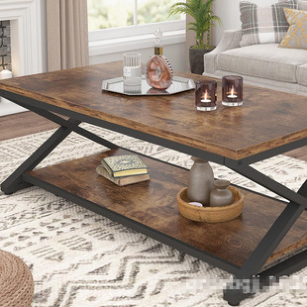 Factory direct sales rural style coffee table with storage rack, metal wooden living room table, retro and simple tea table, tea