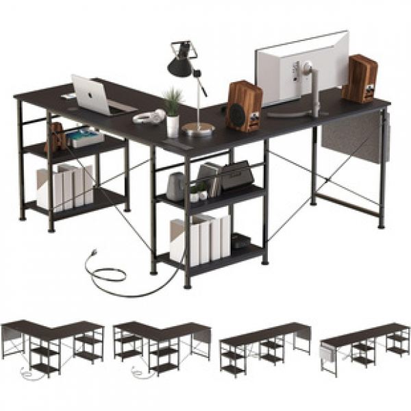 Home office gaming desk with power socket and USB port, small L-shaped computer desk with LED strip and headphone hook