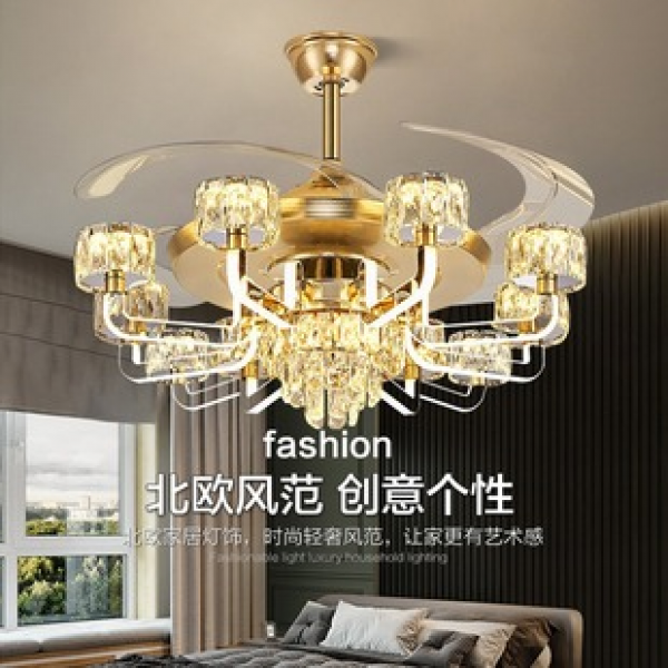 New Nordic Crystal Light Luxury Bedroom Ceiling Fan Light Intelligent Invisible Restaurant Fan Light Variable Frequency Living Room Headlights