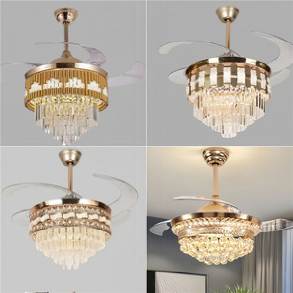 Cross border Fan Lamp Crystal Invisible Living Room Dining Room Light Luxury Ceiling Fan Lamp Home High end Atmospheric Fan Lamp Zhongshan Gong