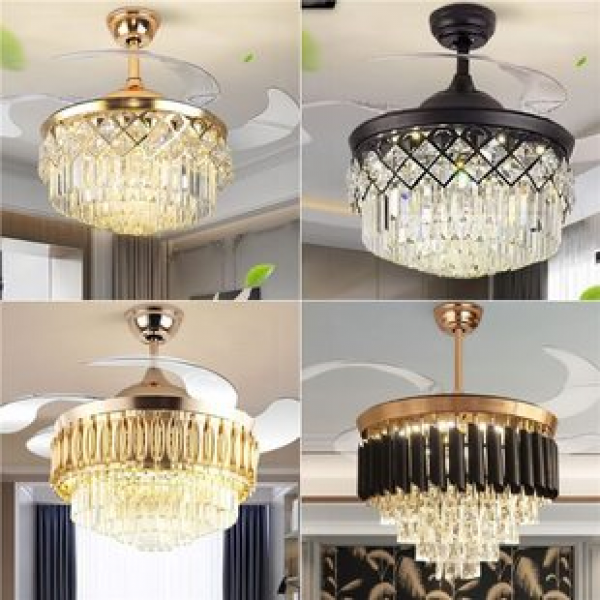 Cross border luxury crystal invisible fan lamp, living room dining room variable frequency fan lamp, direct supply to Zhongshan lighting manufacturer, direct sales